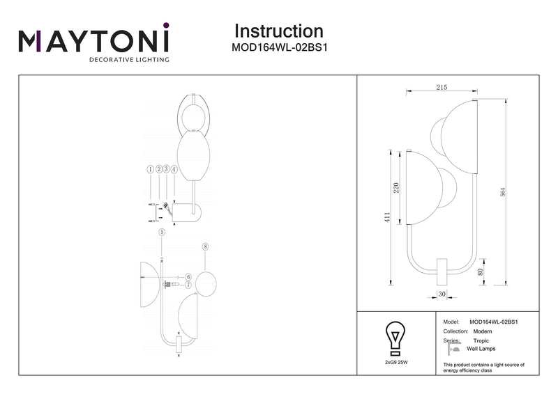 Aplique de pared Maytoni Tropic 2L, latón G9 Alt. 56,4 cm