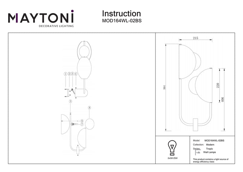 Maytoni Tropic 2L wandkandelaar, messing G9 H 56,4cm