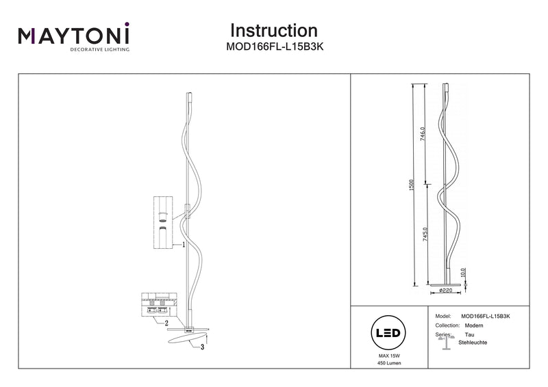 Maytoni Tau 1L lattiavalaisin, musta LED D 22cm