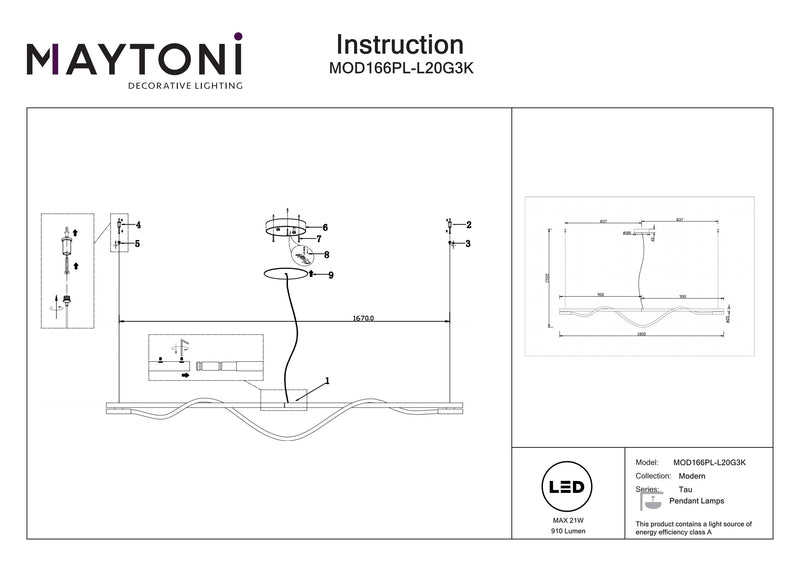 Maytoni Tau 1L linear suspension ceiling lamp, gold LED