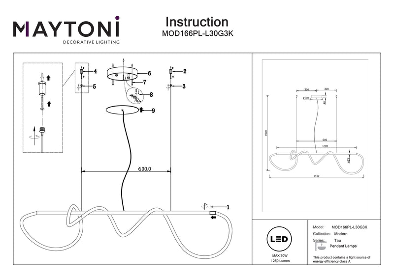 Plafonnier suspension linéaire Maytoni Tau 1L, doré LED L 140cm