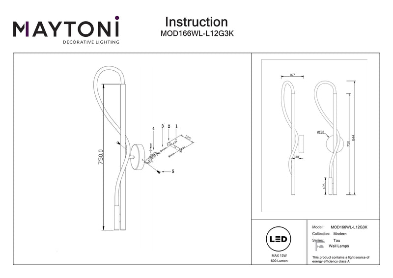 Maytoni Tau 1L wall sconce lamp, gold LED D 13cm