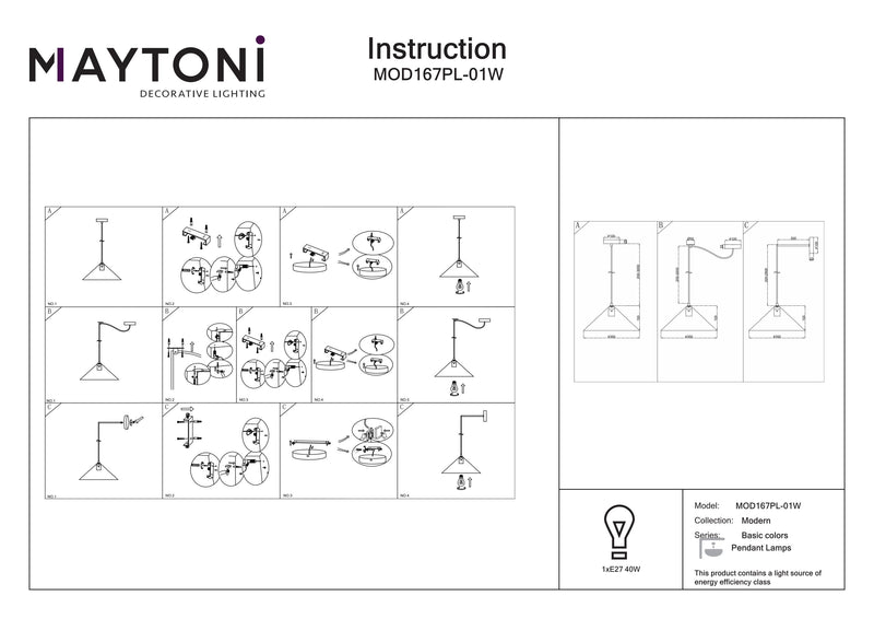 Maytoni Basic värit 1L riippuvalaisin, E27 D 35cm