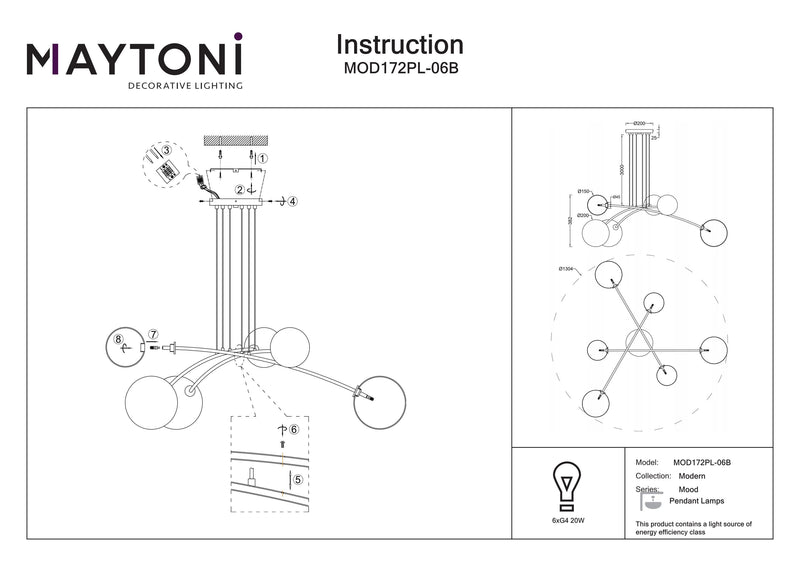 Maytoni Mood 6L hanglamp, G4 H 340,7cm