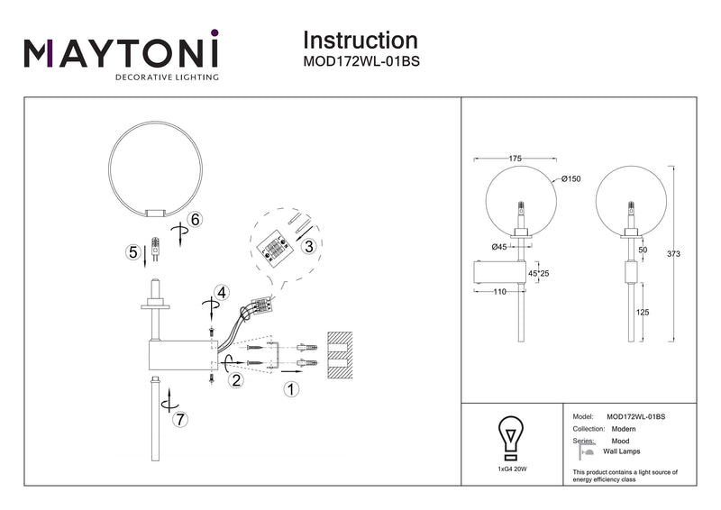 Maytoni Mood 1L wall sconce lamp, G4 D 15cm