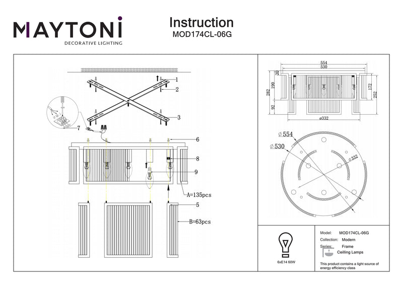 Maytoni Frame 6L inbouwplafondlamp, goud E14 D 55,4cm