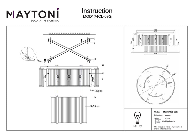 Maytoni Frame 9L flush mount ceiling lamp, gold E14 D 65cm