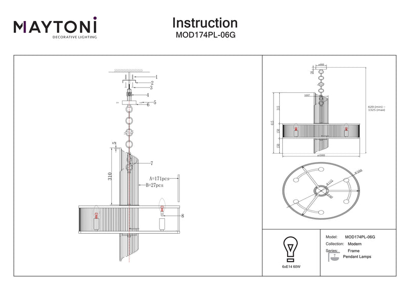 Maytoni Frame 6L kattokruunu, kulta E14 D 58cm