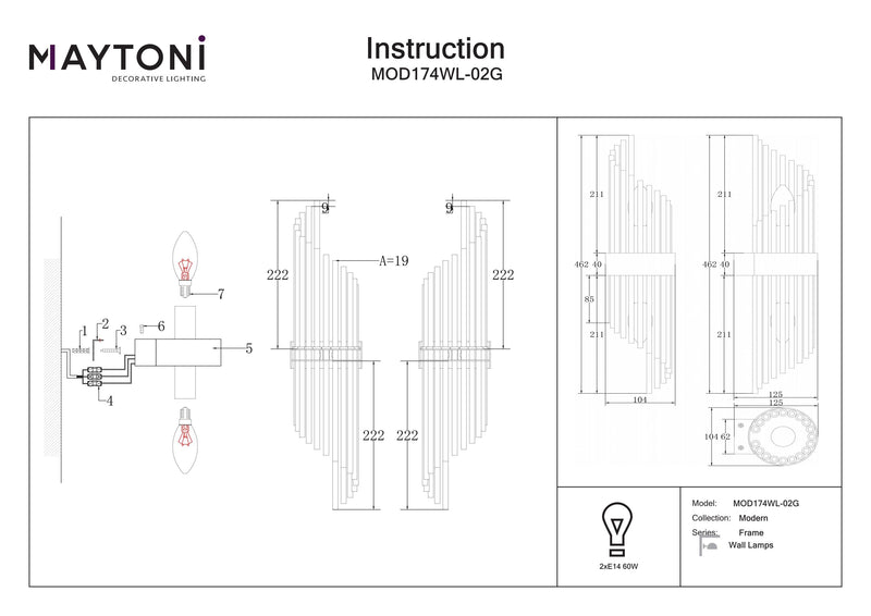 Maytoni Frame 2L aplique de pared, dorado E14 Al. 46,2cm