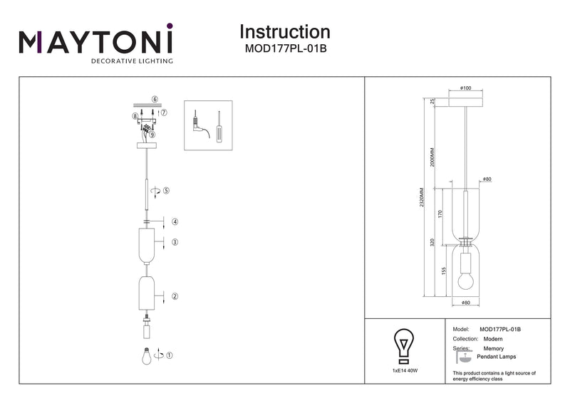 Maytoni Memory 1L hanglamp, zwart E14 D 8cm