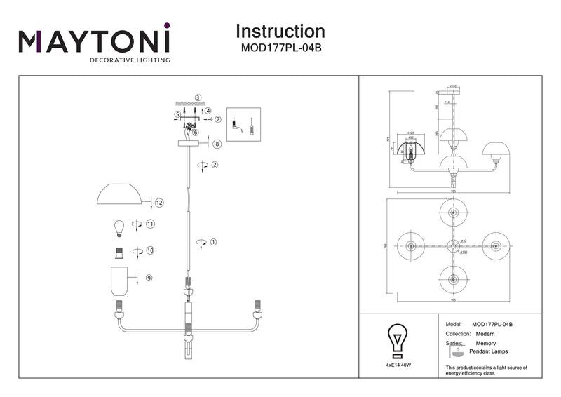 Lampadario Maytoni Memory 4L, nero E14 H 77,5 cm