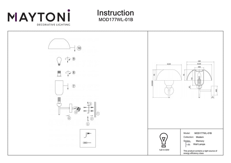 Maytoni Memory 1L aplique de pared, negro E14 D 22cm