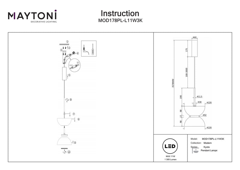 Maytoni Kyoto 1L hanglamp, LED D 22cm