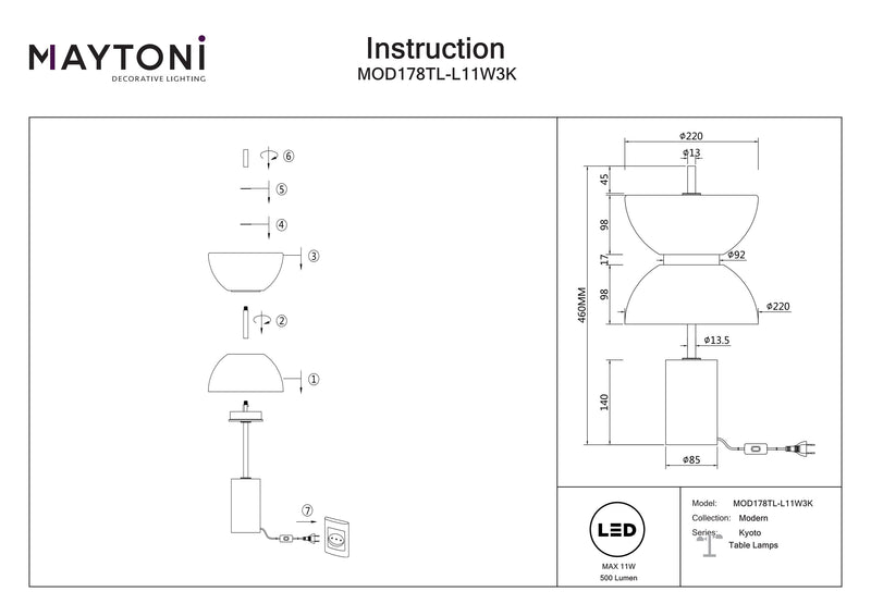 Lampada da tavolo Maytoni Kyoto 1L, LED D 22cm