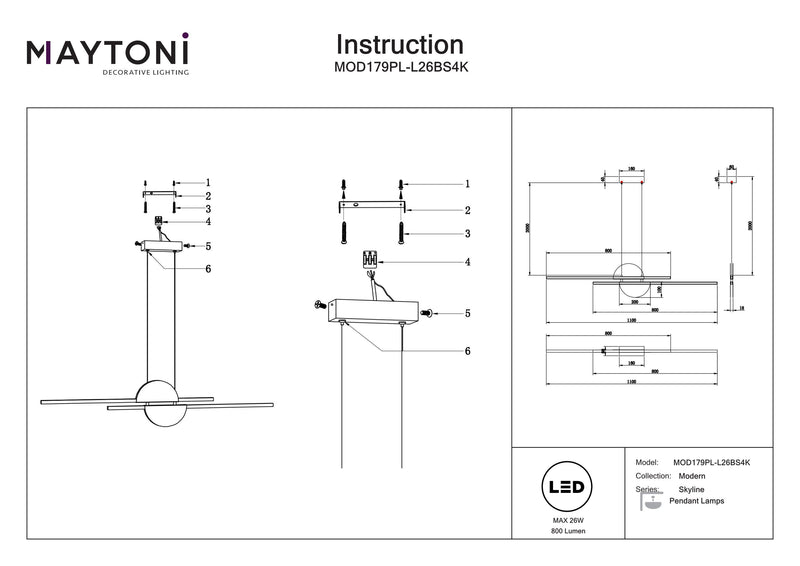 Maytoni Skyline 1L lineaire ophangplafondlamp, LED H 204cm