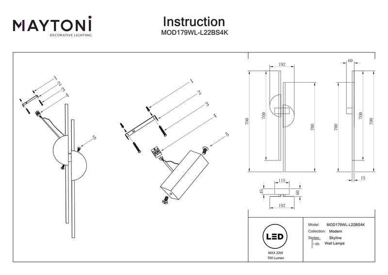 Lámpara de pared Maytoni Skyline 1L, LED Al. 79cm