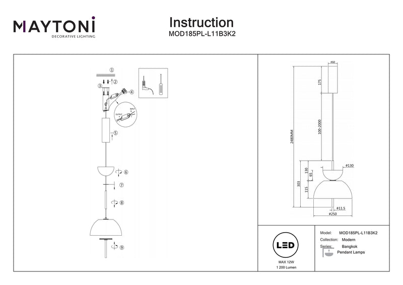 Maytoni Bangkok 1L riippuvalaisin, musta LED D 25cm