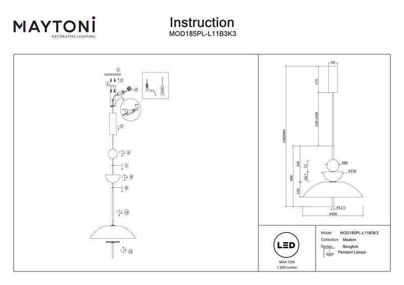 Maytoni Bangkok 1L riippuvalaisin, musta LED D 40cm