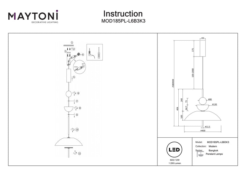 Maytoni Bangkok 1L pendel, sort LED D 40cm