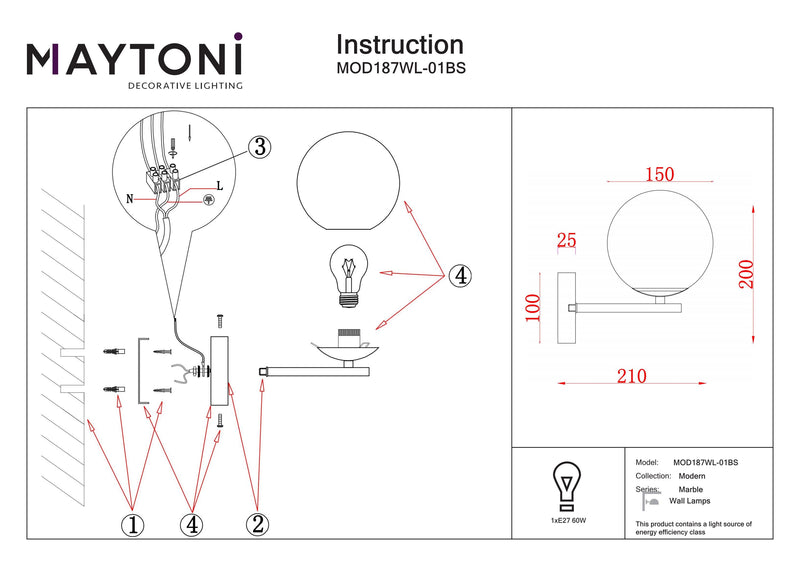 Maytoni Marble 1L wall sconce lamp, brass E27 D 21cm