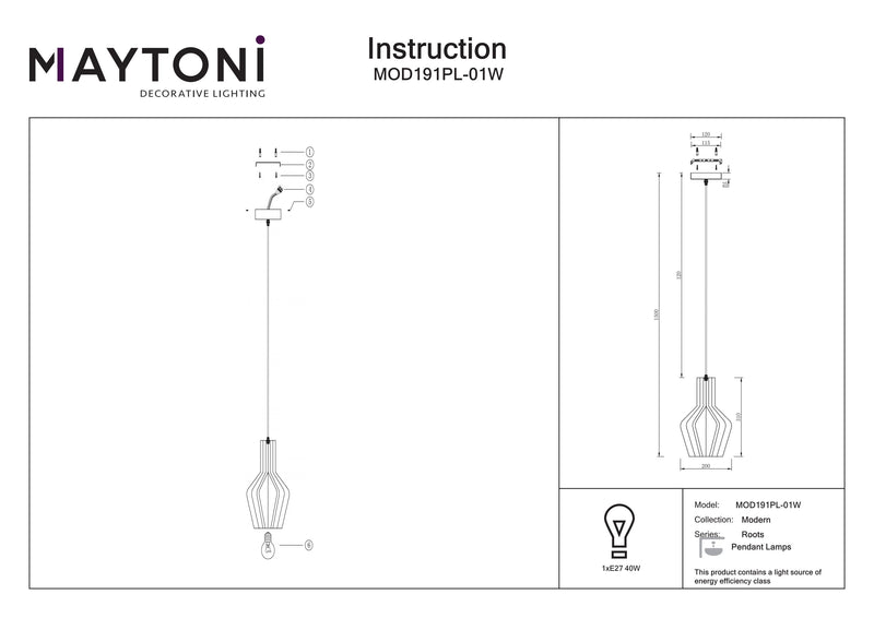 Maytoni Roots 1L suspension, noire E27 D 20cm