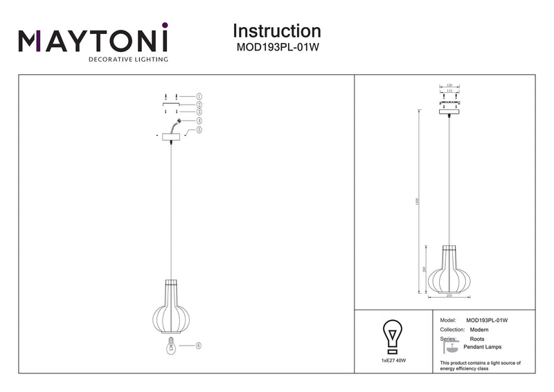 Maytoni Roots 1L suspension, noire E27 D 25,5cm