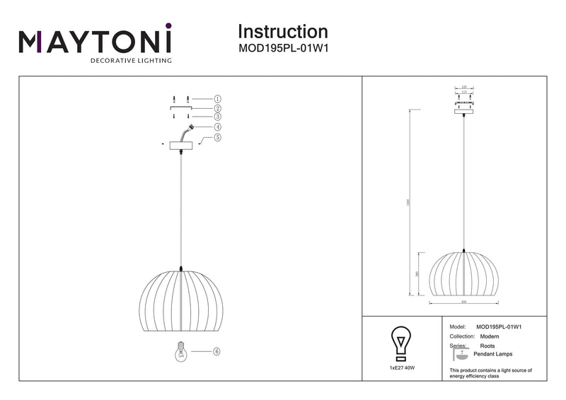 Maytoni Roots 1L suspension, noire E27 D 45cm