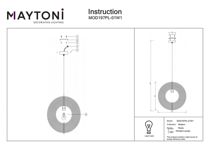 Maytoni Roots 1L hanglamp, zwart E27 D 50cm