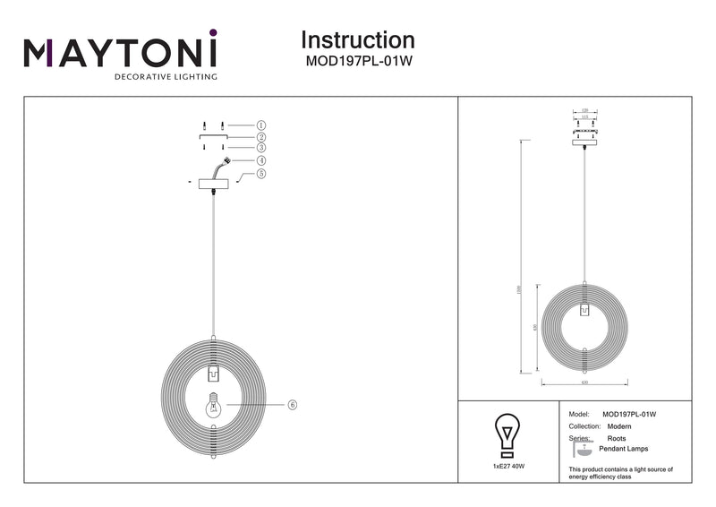 Maytoni Roots 1L pendant lamp, black E27 D 43cm