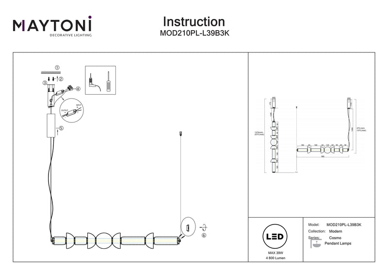 Maytoni Cosmo 1L lineaarinen riippukattovalaisin, LED H 137,5cm