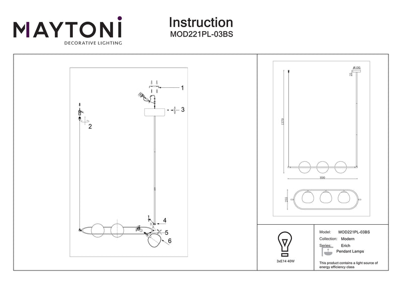 Maytoni Erich 3L linear suspension ceiling lamp, brass E14 D 15cm