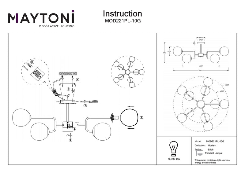 Maytoni Erich 10L plafondlamp, messing E14 D 90,7cm