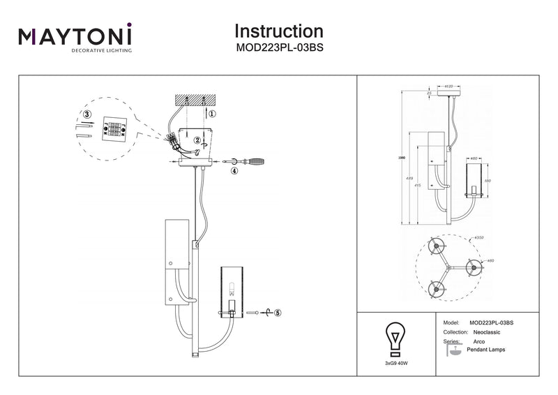 Maytoni Arco 3L hanglamp, messing G9 D 35cm