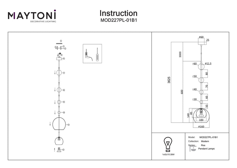 Maytoni Ros 1L pendel, sort GU10 D 16cm