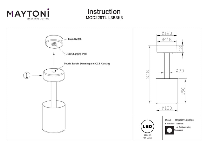 Maytoni AI Collaboration 1L table lamp, grey LED D 12cm