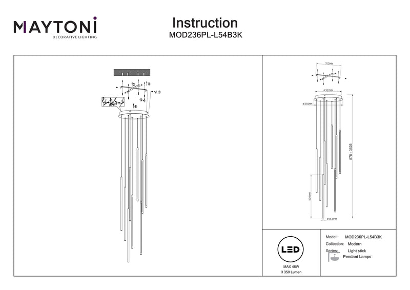 Maytoni Light stick 1L suspension, noir LED D 35cm