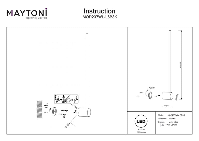 Maytoni Light stick 1L wall sconce lamp, LED H 60cm