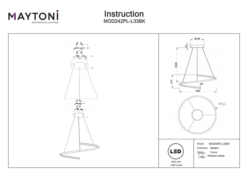 Maytoni Curve 1L pendant lamp, black LED D 60cm