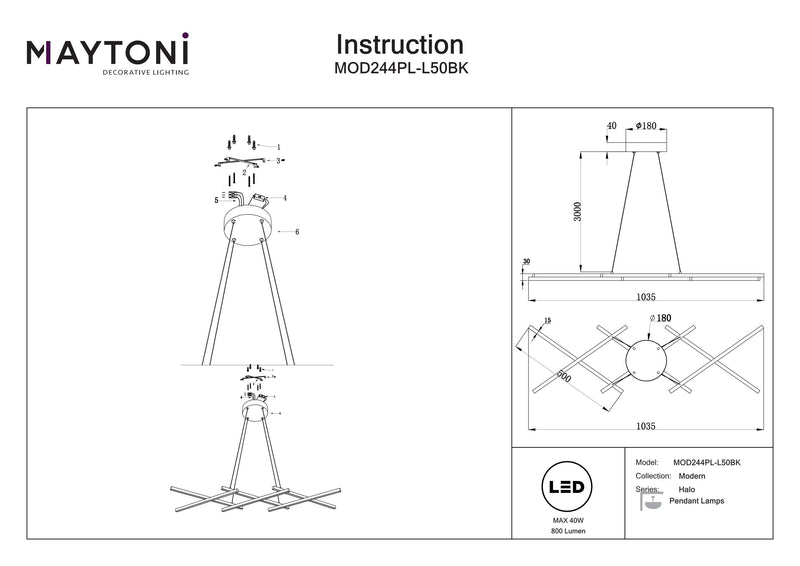 Plafonnier suspension linéaire Maytoni Halo 1L, LED H 307cm