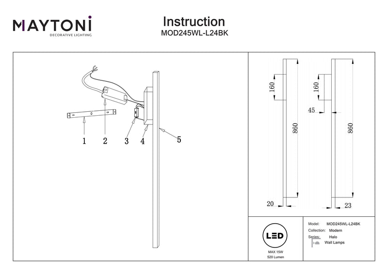 Maytoni Halo 1L seinävalaisin, LED H 86cm