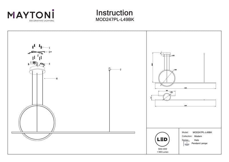 Maytoni Halo 1L linear suspension ceiling lamp, black LED H 300cm