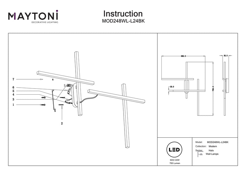 Maytoni Halo 1L væglampe, sort LED H 78cm