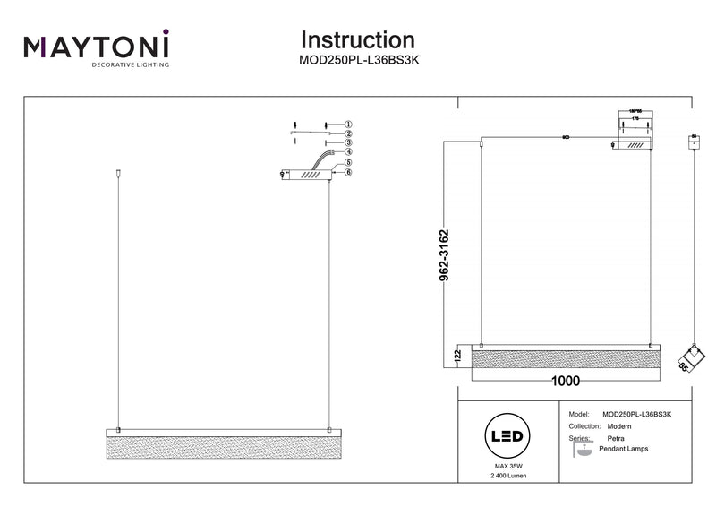 Maytoni Petra 1L lineær ophængt loftslampe, messing LED H 316,2cm