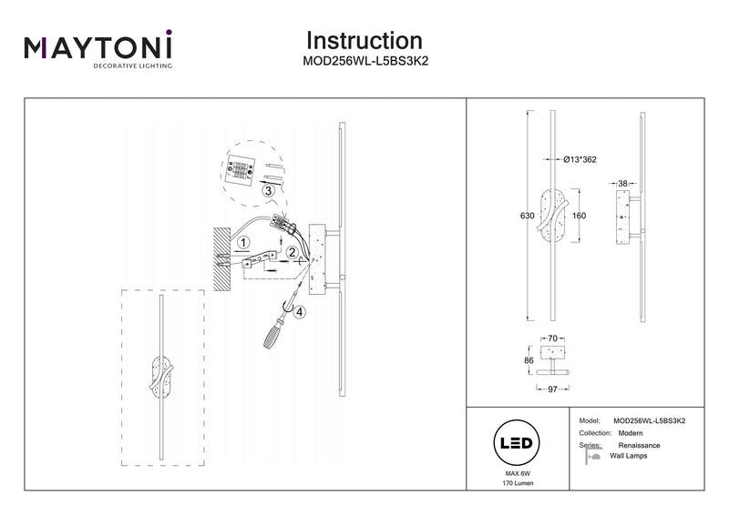 Aplique de pared Maytoni Renaissance 1L, latón LED Al. 63cm