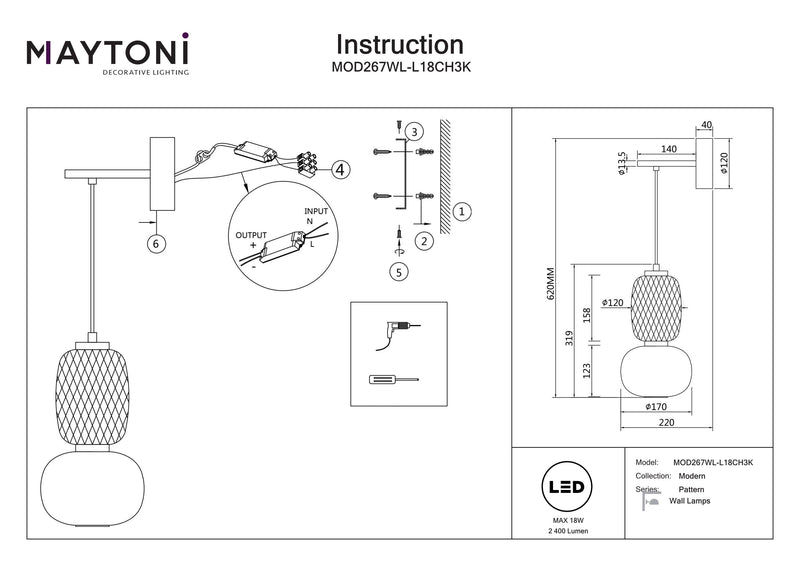 Aplique de pared Maytoni Pattern 1L, cromo LED Al. 31,9cm