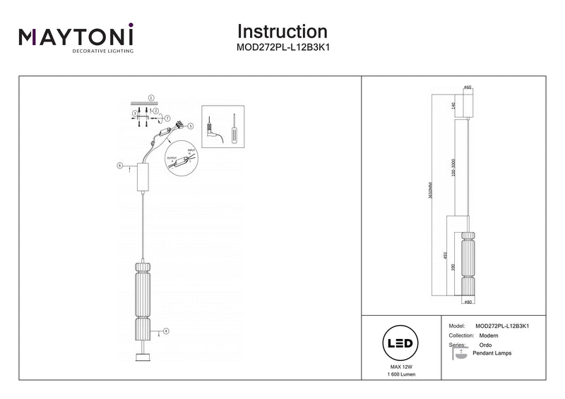 Maytoni Foco colgante de techo Ordo 1L, negro LED D 8cm