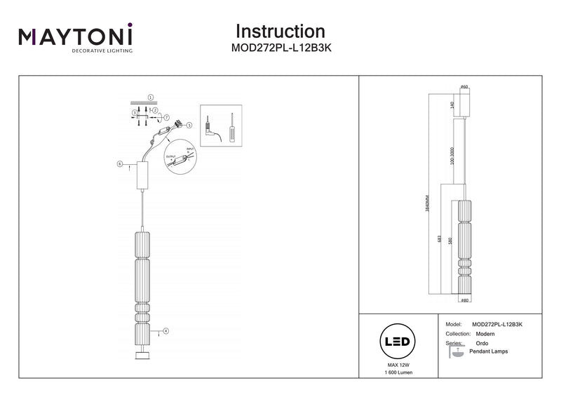 Spot suspendu Maytoni Ordo 1L, noir LED D 8cm