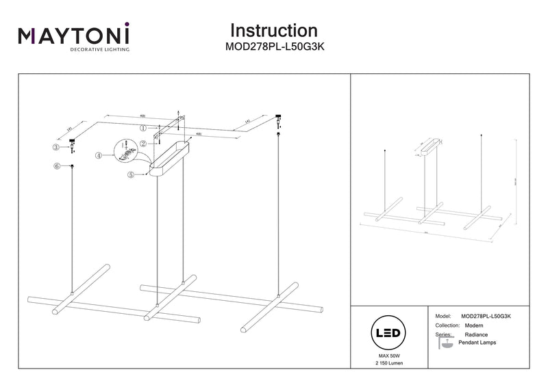 Maytoni Radiance 1L lámpara de techo de suspensión lineal, LED dorado Al. 310cm