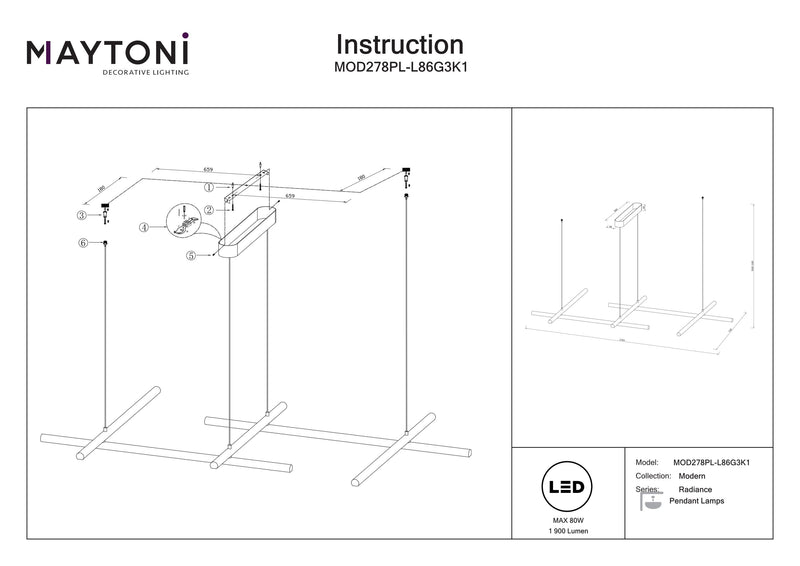 Maytoni Radiance 1L lineær ophængt loftslampe, guld LED H 310cm