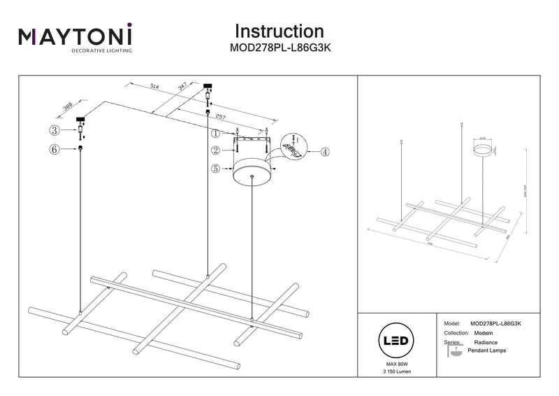 Lampadario a sospensione lineare Maytoni Radiance 1L, LED oro H 312cm